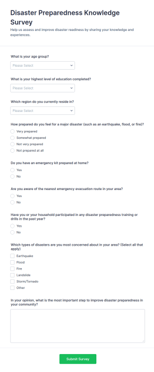 Disaster Preparedness Knowledge Survey Form Template