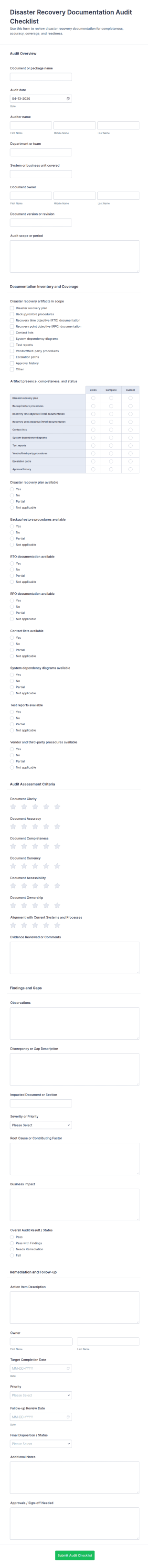 Disaster Recovery Documentation Audit Checklist Form Template