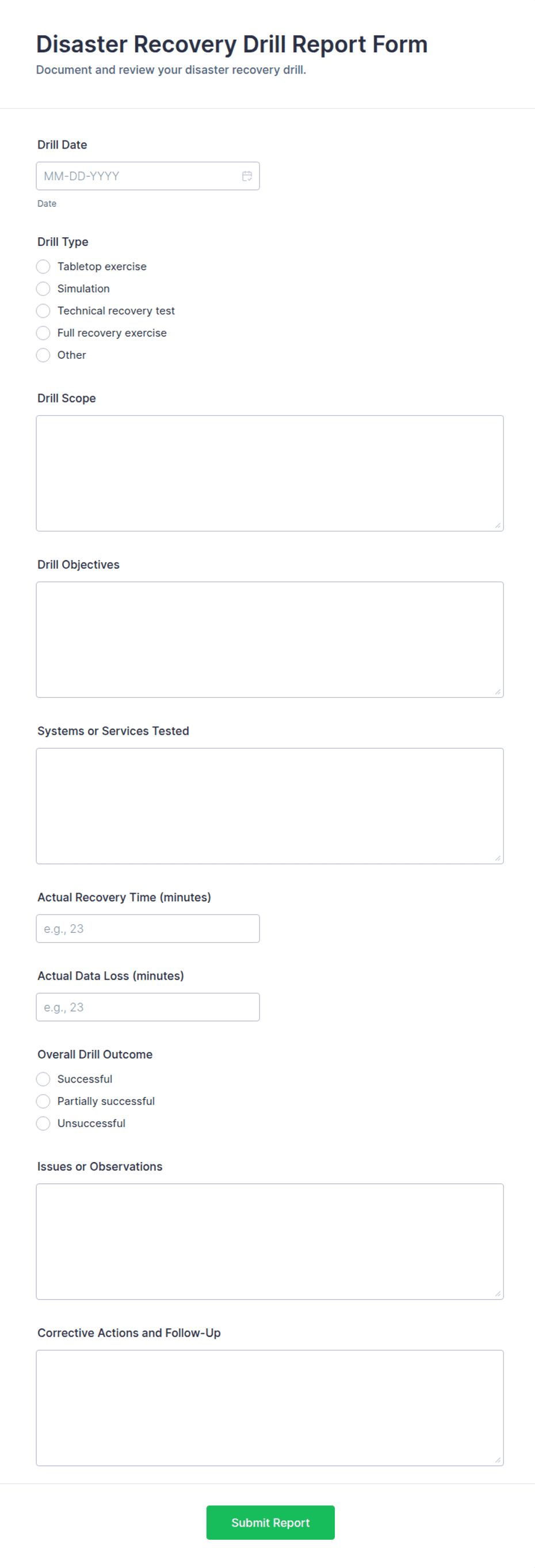 Disaster Recovery Drill Report Form Template | Jotform
