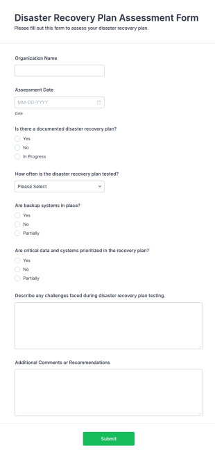 Disaster Recovery Plan Assessment Form Template