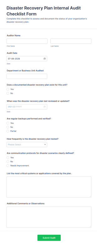 Disaster Recovery Plan Internal Audit Checklist Form Template