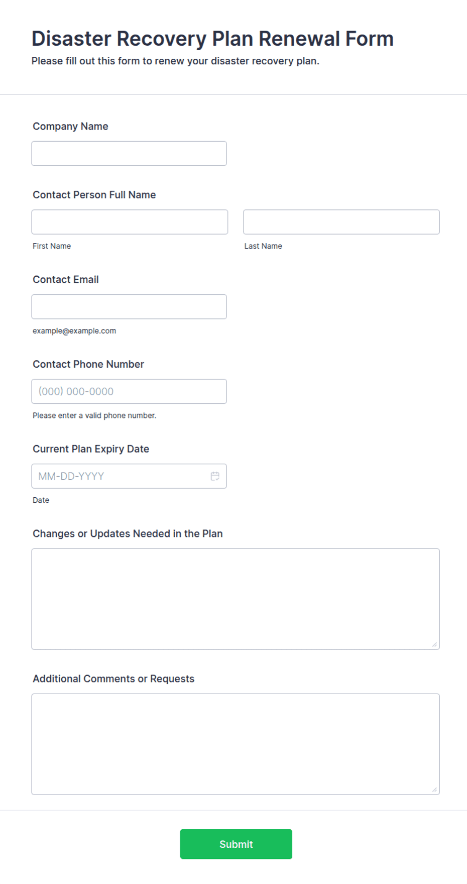 Disaster Form Disaster Recovery Plan Renewal Form Template | Jotform