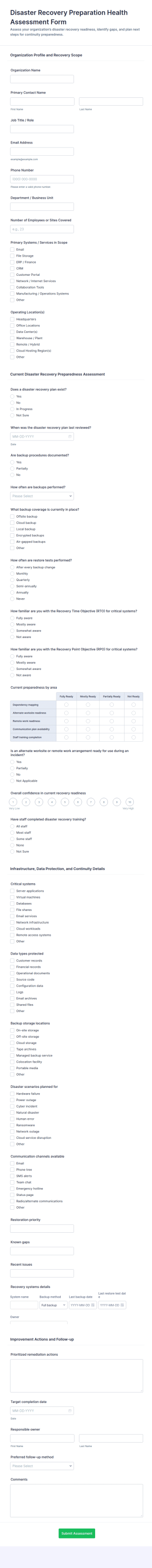 Disaster Recovery Preparation Health Assessment Form Template
