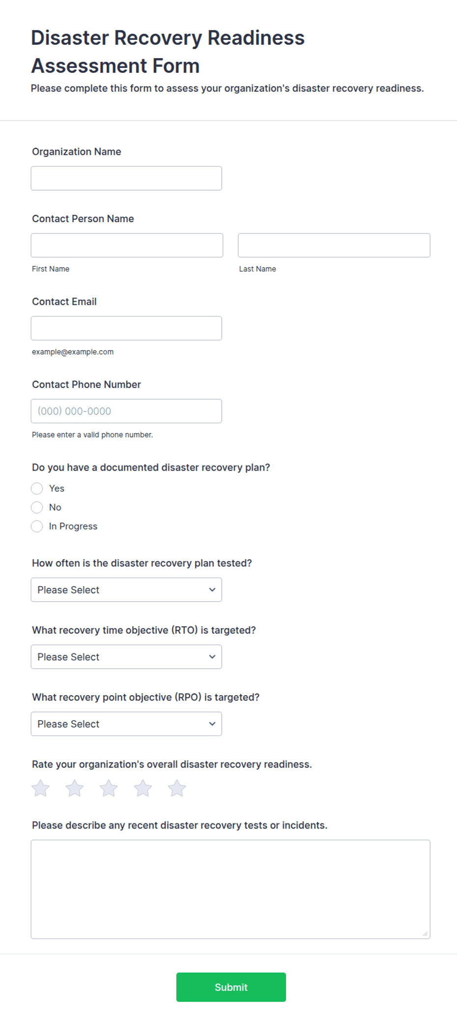 Disaster Recovery Readiness Assessment Form Template | Jotform