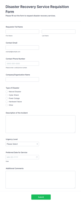 Disaster Recovery Service Requisition Form Form Template