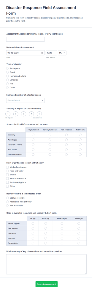 Disaster Response Field Assessment Form Template