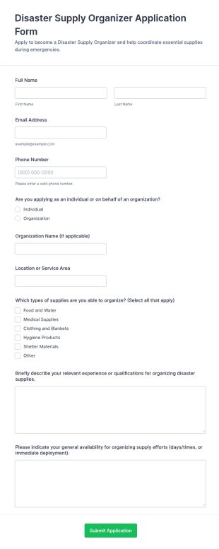 Disaster Supply Organizer Application Form Template