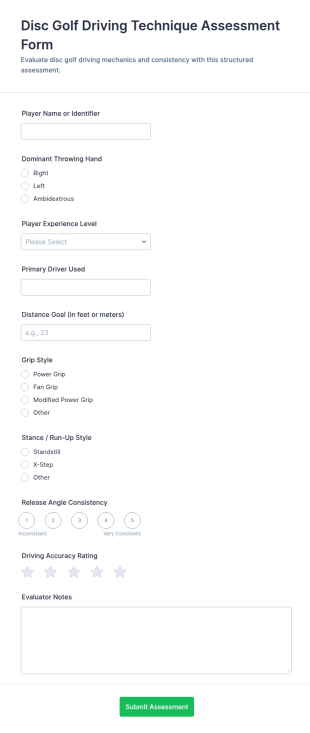 Disc Golf Driving Technique Assessment Form Template