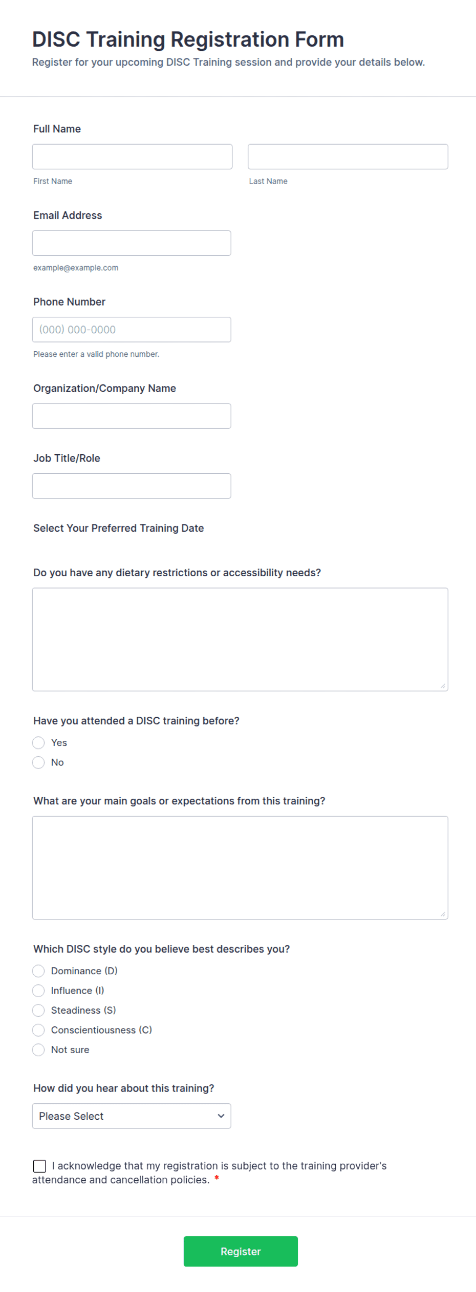 DISC Training Registration Form Template | Jotform
