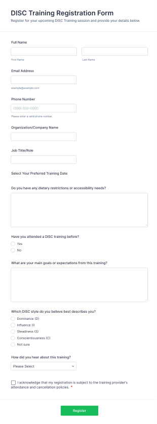 DISC Training Registration Form Template