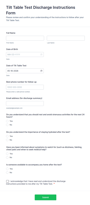 Discharge Instructions For Tilt Table Test Form Template