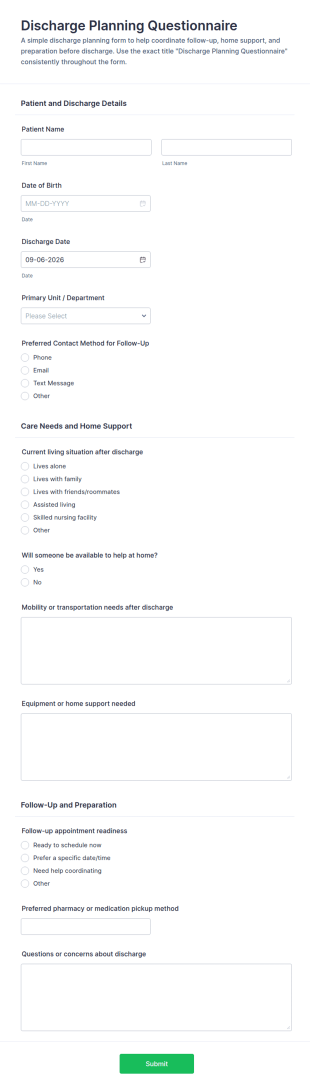 Discharge Planning Questionnaire Form Template