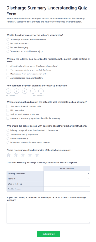 Discharge Summary Understanding Quiz Form Template