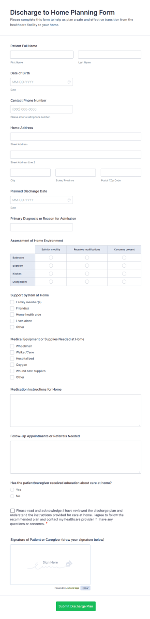 Discharge To Home Planning Form Template