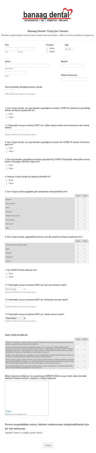 Dişçi Kliniği COVID 19 Triyaj Form Şablonu