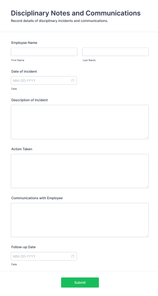 Disciplinary Notes And Communications Form Template