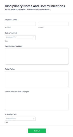 Disciplinary Notes And Communications Form Template