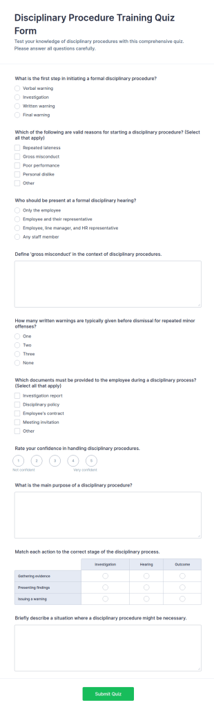 Disciplinary Procedure Training Quiz Form Template