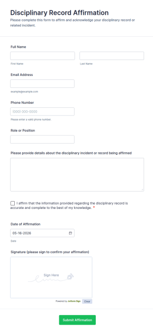 Disciplinary Record Affirmation Form Template