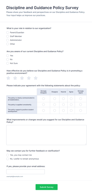 Discipline And Guidance Policy Survey Form Template