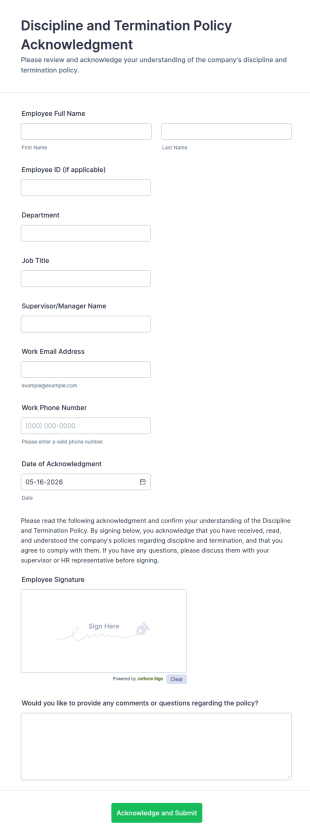 Discipline And Termination Policy Acknowledgment Form Template