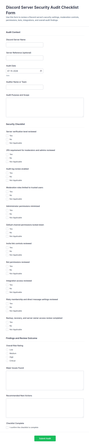 Discord Server Security Audit Checklist Form Template