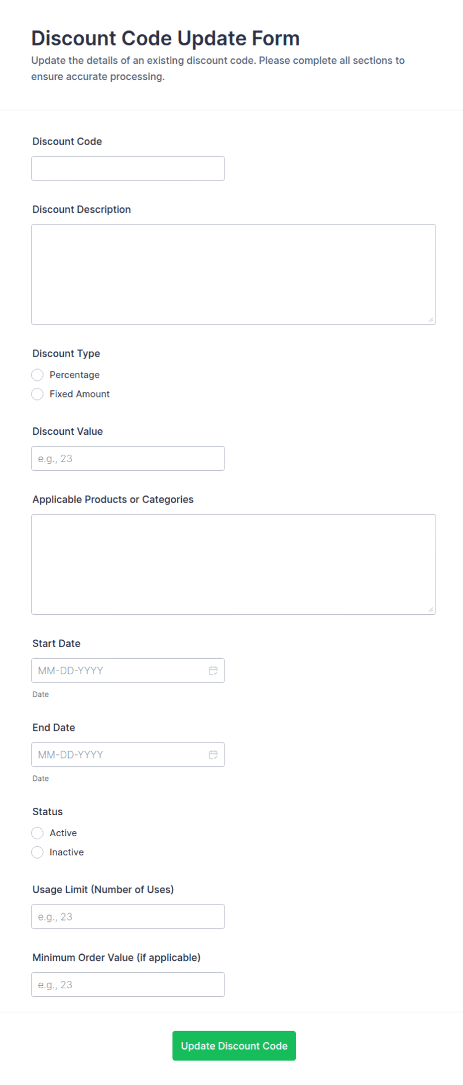 Discount Code Update Form Template | Jotform