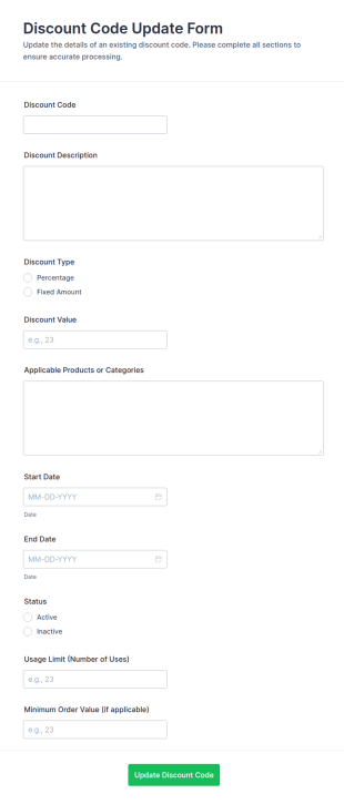 Discount Code Update Form Template