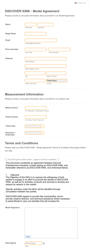 DISCOVER KINK Model Agreement Form Template