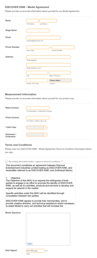 DISCOVER KINK Model Agreement Form Template