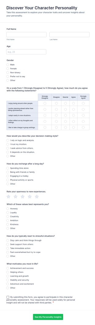 Discover Your Character Personality Form Template