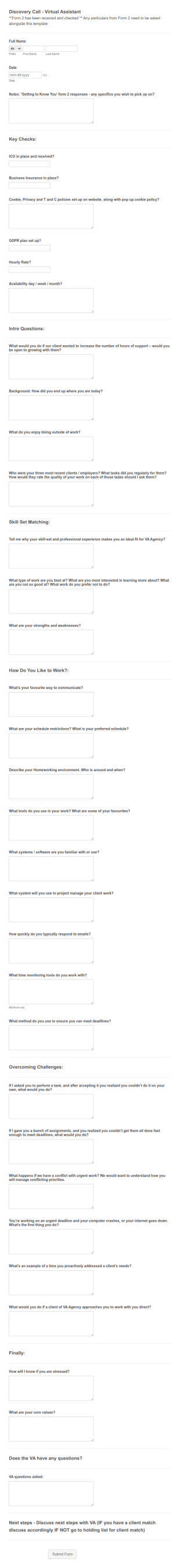 Discovery Call Interview Questions Form Template