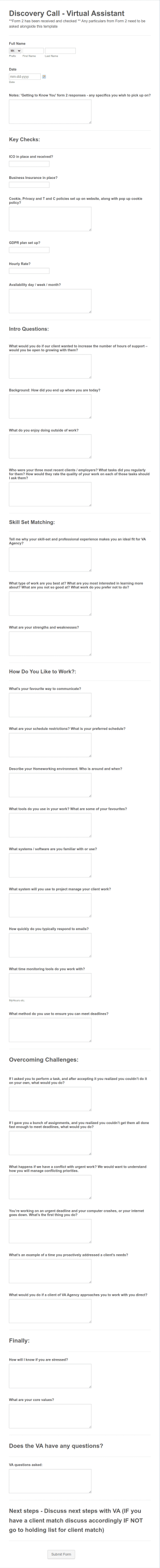 Discovery Call Interview Questions Form Template