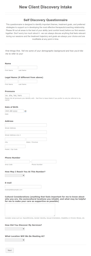 Discovery Intake (coaching & Therapy) Form Template