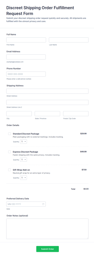 Discreet Shipping Order Fulfillment Request Form Template