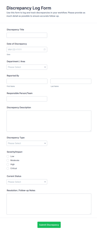 Discrepancy Log Form Template