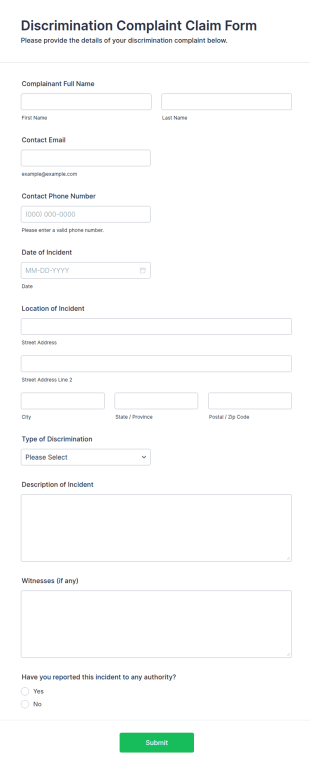 Discrimination Complaint Claim Form Template