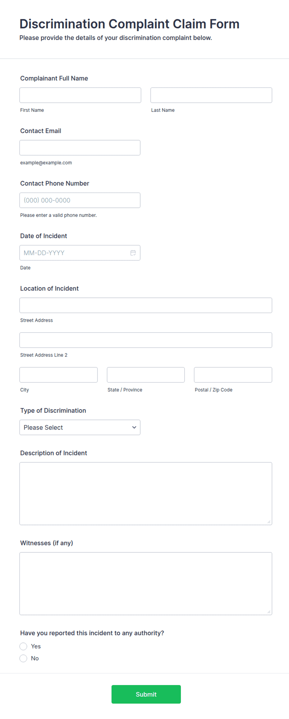 Discrimination Complaint Claim Form Template | Jotform