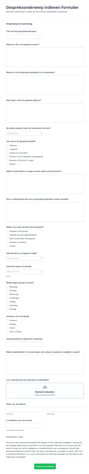 Discussieonderwerp Inzenden Form