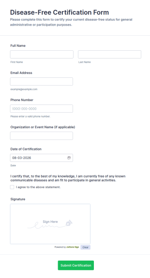 Disease Free Certification Form Template