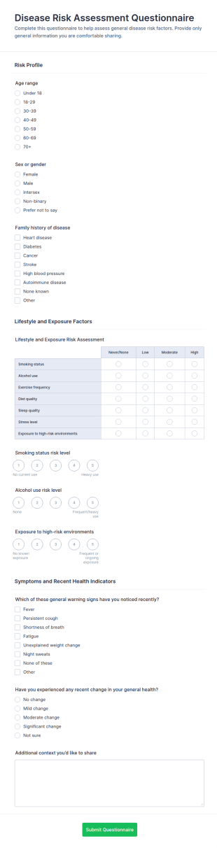 Disease Risk Assessment Questionnaire Form Template