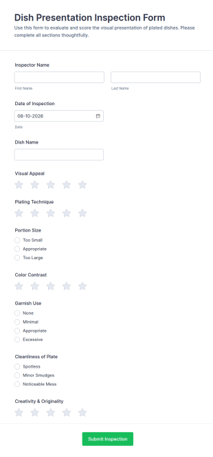 Dish Presentation Inspection Form Template