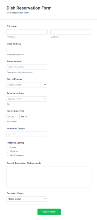 Dish Reservation Form Template