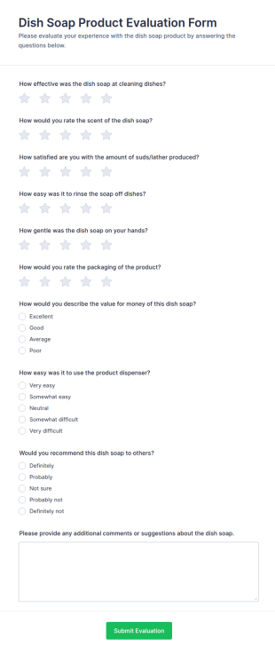 Dish Soap Product Evaluation Form Template