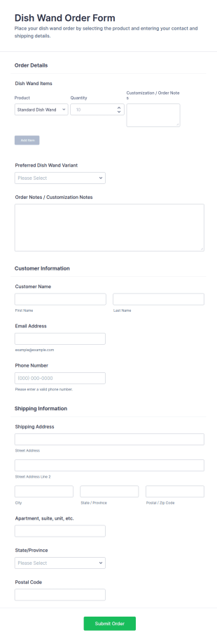 Dish Wand Order Form Template