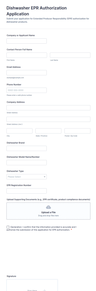 Dishwasher EPR Authorization Application Form Template