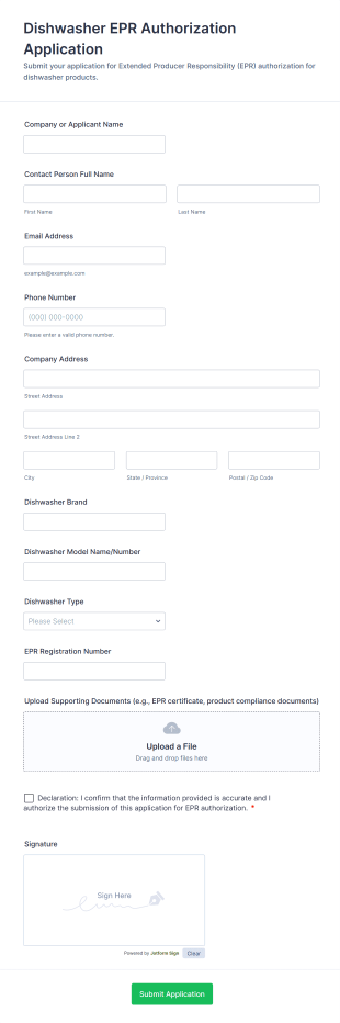 Dishwasher EPR Authorization Application Form Template
