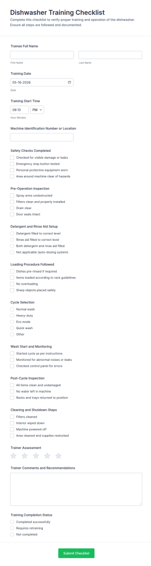 Dishwasher Training Checklist Form Template