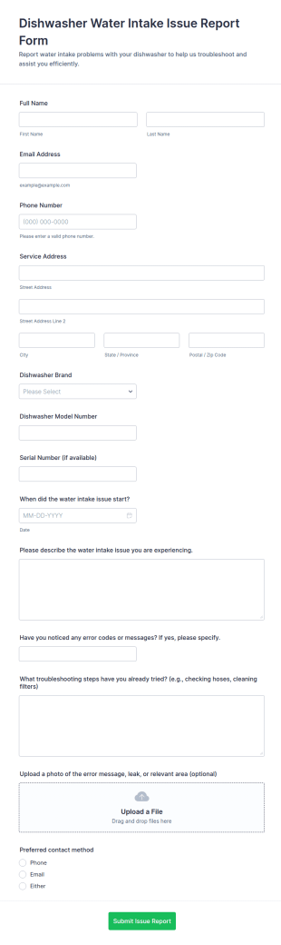 Dishwasher Water Intake Issue Report Form Template