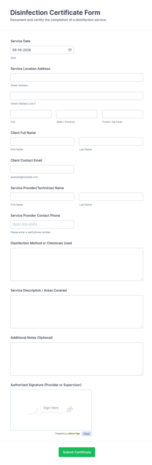 Disinfection Certificate Form Template